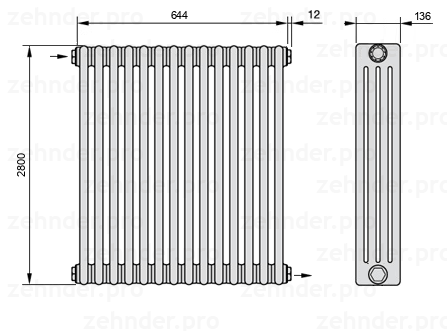 Схема (чертеж) Радиатор Zehnder Charleston 4280/14 №1670 Белый глянцевый RAL 9016